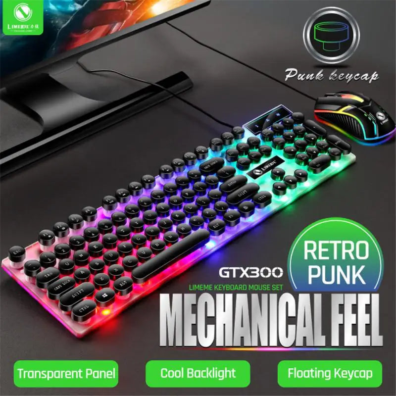 Gtx300 Keyboard and Mouse Set Punk Retro Simulation Mechanical Keyboards Backlit USB Wired 104 keys Suspension Gaming Keypad Set