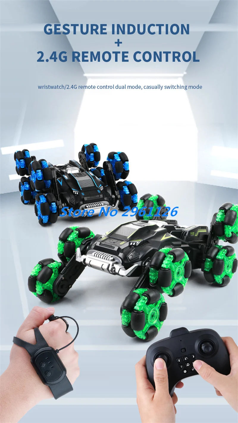 8 Wheels Watch Gesture Sensing Dual Remote Control Stunt Car 2.4G 360° Rotation Smart Programming One Key Spray RC Stunt Car Toy