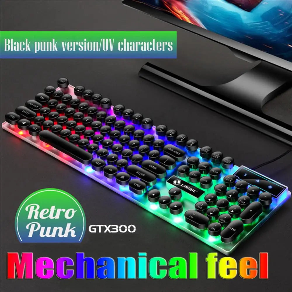 Gtx300 Keyboard and Mouse Set Punk Retro Simulation Mechanical Keyboards Backlit USB Wired 104 keys Suspension Gaming Keypad Set